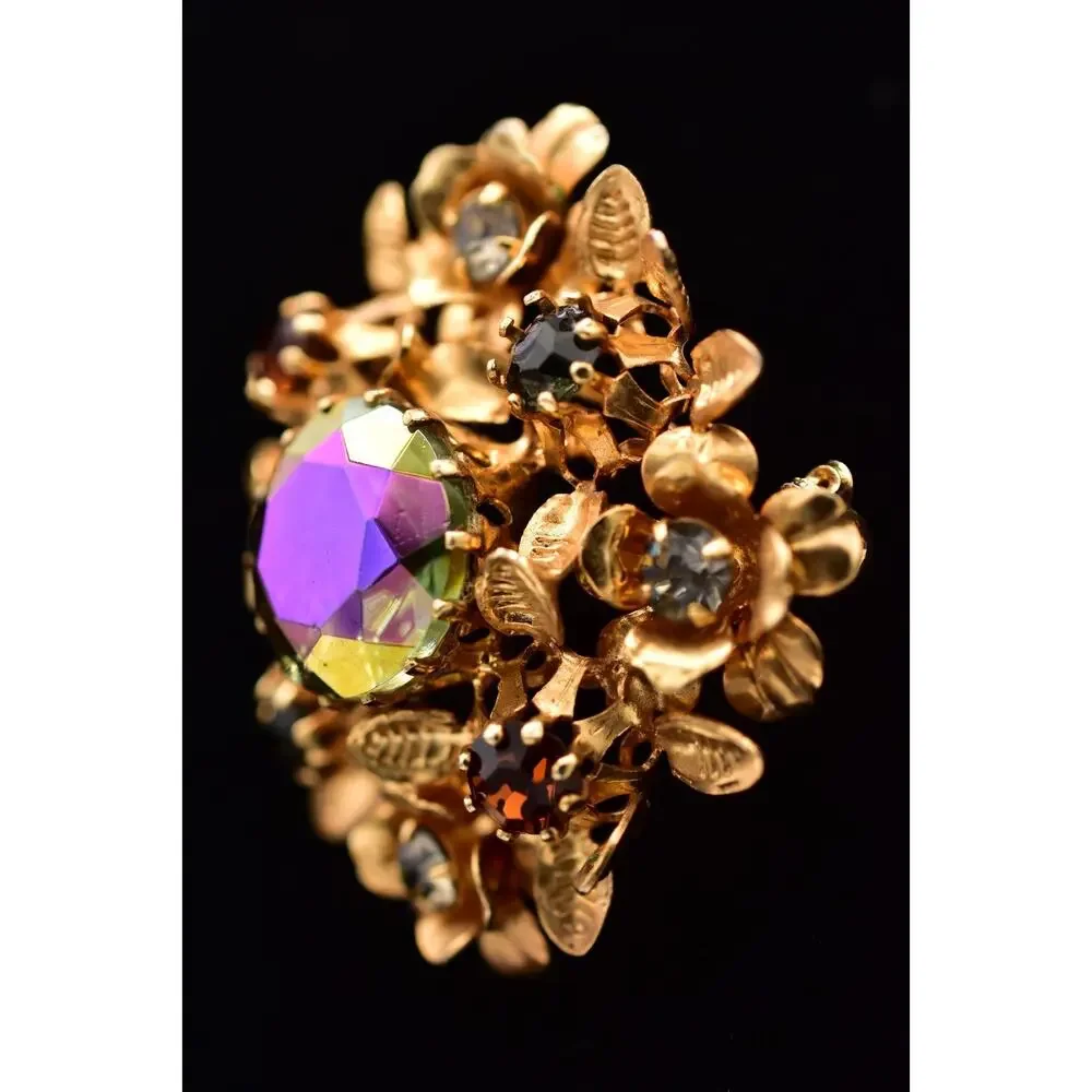 Vintage Austrian Crystal Pin Brooch Flower Gold Tone Aurora Borealis 1960s BinBI